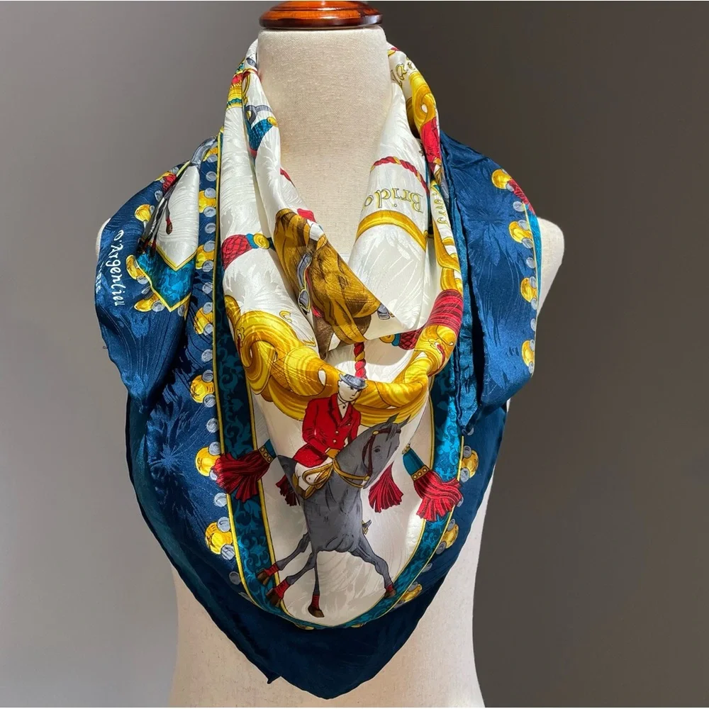 RARE D’Argenlieu Paris Equestrian 100% Silk Scarf Sq 34x34 English Countryside